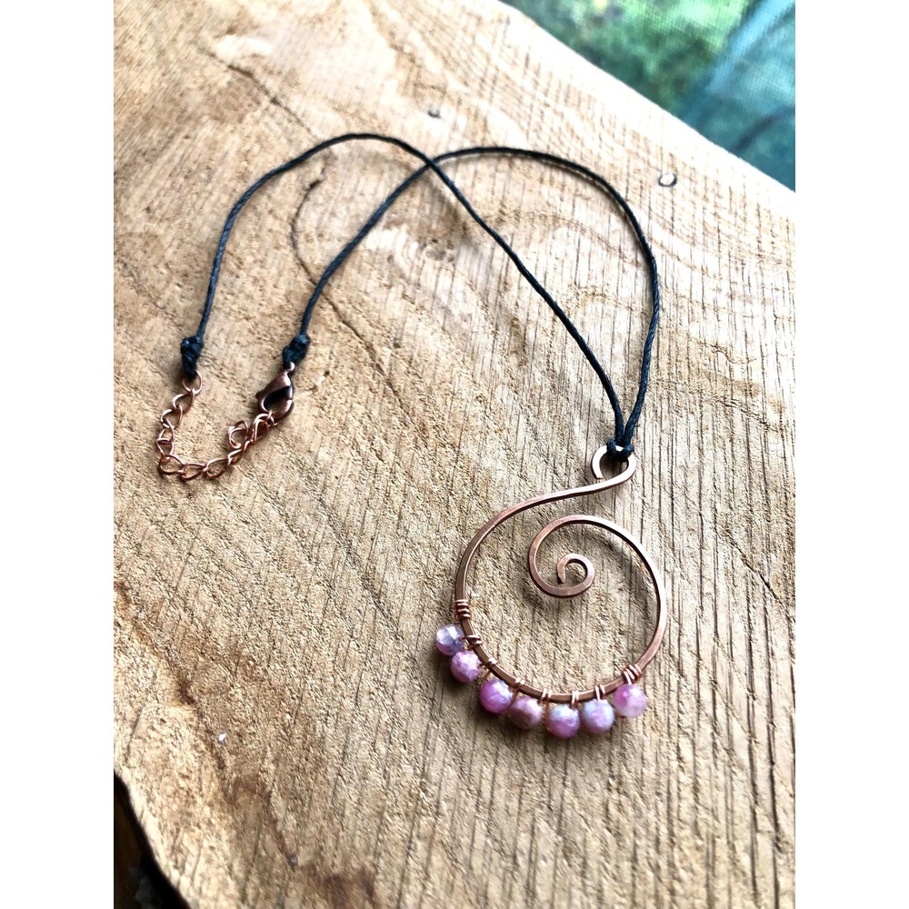Hammered Copper Spiral Pendant Necklace Sunstone Quartz Beads Southwest Spiral